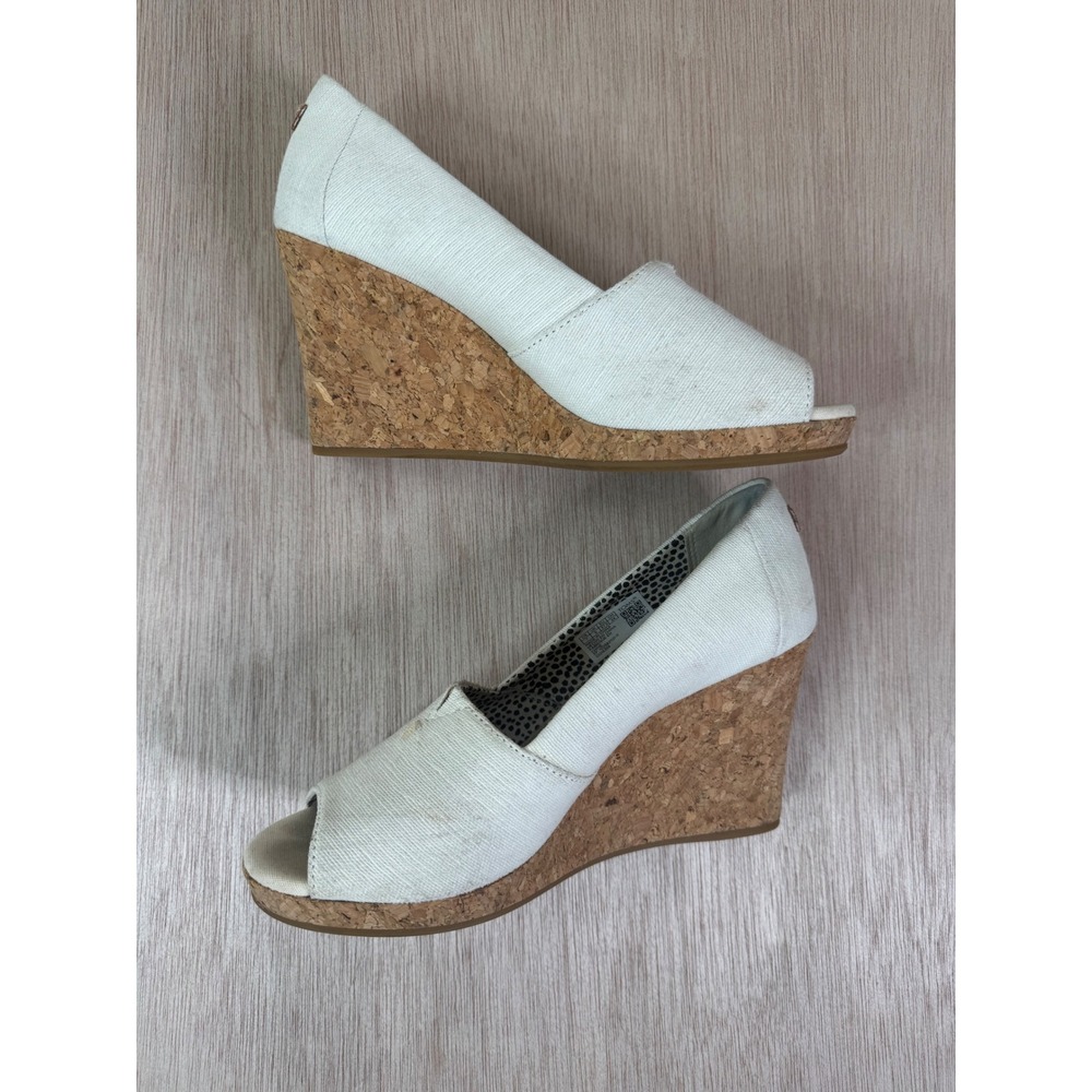 TOMS Womens Cream Canvas Peep Toe Cork Wedge Sandals Size 7 10016359